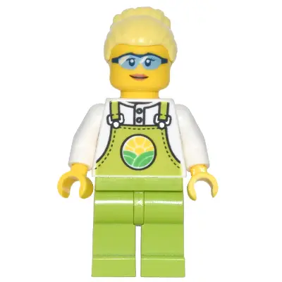  Farmer Peach - Lime Overalls over White Shirt, Lime Legs, Bright Light Yellow High Bun, Glasses