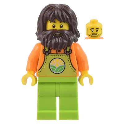  Farmer - Male, Lime Overalls over Orange Shirt, Lime Legs, Dark Brown Shaggy Hair and Beard