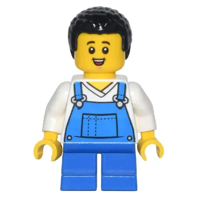  Child - Boy, Blue Overalls over V-Neck Shirt, Blue Short Legs, Black Coiled Hair, Freckles