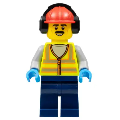  Stuntz Crew - Male, Neon Yellow Safety Vest with Reflective Stripes, Dark Blue Legs, Red Construction Helmet with Black Ear Protectors / Headphones