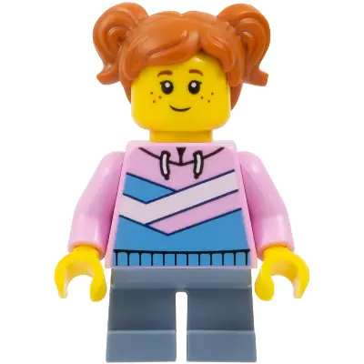  Child - Girl, Bright Pink Hoodie with Medium Blue and White Diagonal Stripes, Sand Blue Short Legs, Dark Orange Hair with Pigtails, Freckles