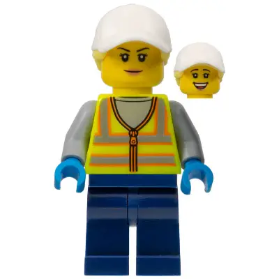  Forklift Driver - Female, Neon Yellow Safety Vest with Reflective Stripes, Dark Blue Legs, White Cap with Bright Light Yellow Ponytail Hair