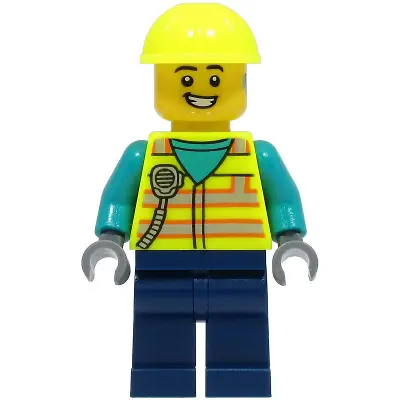  Utility Truck Driver - Male, Neon Yellow Safety Vest with Radio, Dark Blue Legs, Neon Yellow Construction Helmet, Hearing Aid