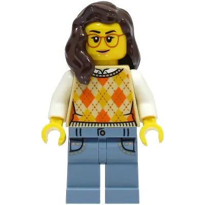  Passenger - Female, Tan Knit Argyle Sweater Vest, Sand Blue Legs with Pockets, Dark Brown Hair, Glasses