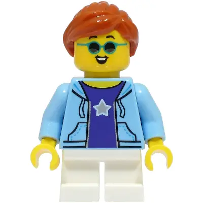  Child - Girl, Bright Light Blue Hoodie over Dark Purple Shirt, White Short Legs, Dark Orange Ponytail, Sunglasses