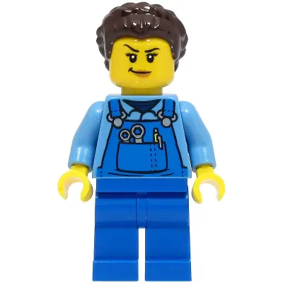  Stuntz Crew - Female, Blue Overalls over Medium Blue Shirt, Blue Legs, Dark Brown Hair, Back Print