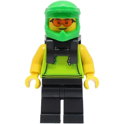  Food Delivery Cyclist - Male, Lime Hoodie, Black Legs, Bright Green Helmet, Neck Bracket, Safety Glasses