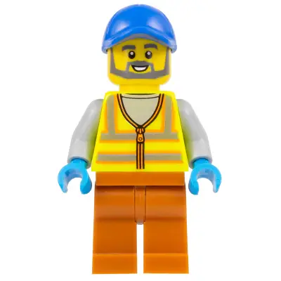  Recycling Worker - Male, Neon Yellow Safety Vest with Reflective Stripes, Dark Orange Legs, Blue Cap
