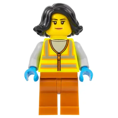  Recycling Worker - Female, Neon Yellow Safety Vest with Reflective Stripes, Dark Orange Legs, Black Hair