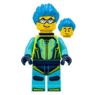  Stuntz Driver - Male, Medium Azure and Neon Yellow Jumpsuit, Dark Azure Spiked Hair, Black Neck Bracket