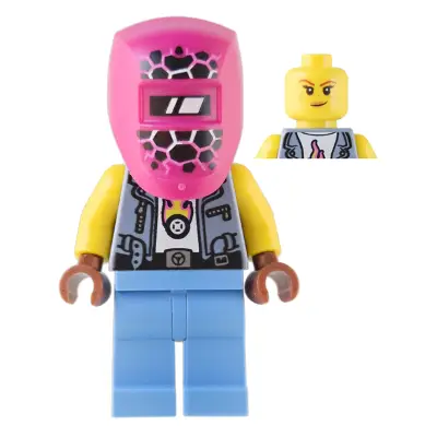  Mechanic - Female, Sand Blue Vest, Medium Blue Legs, Black Helmet, Magenta Welding Visor