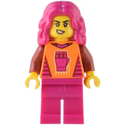  Gaming Tournament Participant - Female, Orange T-Shirt with Fist, Magenta Legs, Magenta Hair