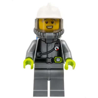  Fire - Male, Flat Silver Suit, White Fire Helmet, Trans-Brown Visor, Breathing Neck Gear with Blue Air Tanks