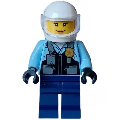  Police - City Motorcyclist Female, Safety Vest with Police Badge, Dark Blue Legs, White Helmet, Trans-Clear Visor