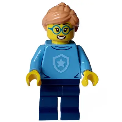  Police - City Officer in Training Female, Medium Blue Shirt with Badge, Dark Blue Legs, Nougat Hair, Glasses