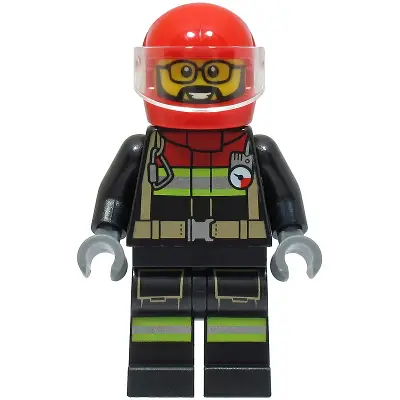  Fire - Male, Black Jacket and Legs with Reflective Stripes and Red Collar, Red Helmet, Trans-Clear Visor