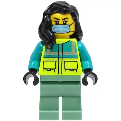  Ambulance Driver - Female, Dark Turquoise and Neon Yellow Safety Vest, Sand Green Legs, Black Hair, Surgical Mask