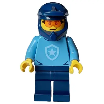  Police - City Officer, Medium Blue Shirt with Badge, Dark Blue Legs, Dark Blue Dirt Bike Helmet, Safety Glasses