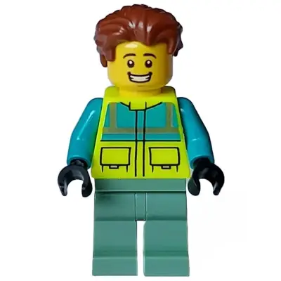  Paramedic - Male, Dark Turquoise and Neon Yellow Safety Vest, Sand Green Legs, Reddish Brown Hair, Open Mouth Smile