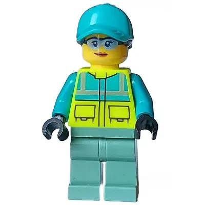  Paramedic - Female, Dark Turquoise and Neon Yellow Safety Vest, Sand Green Legs, Dark Turquoise Cap with Black Ponytail Hair, Safety Glasses