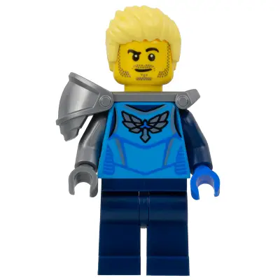  Stuntz Driver - Male, Dark Azure Racing Shirt with Silver Wings Logo, Dark Blue Legs, Flat Silver Shoulder Pad, Bright Light Yellow Spiked Hair Swept Up, Stubble