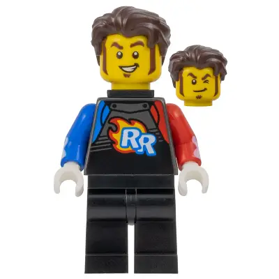  Rocket Racer - Stuntz Driver, Black Jumpsuit with Blue and Red Arms, Dark Brown Hair