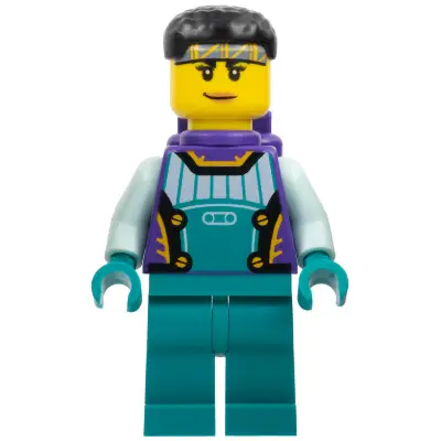  Stuntz Driver - Female, Dark Purple and Dark Turquoise Racing Suit with Light Aqua Arms, Dark Purple Air Tanks, Black Short Hair