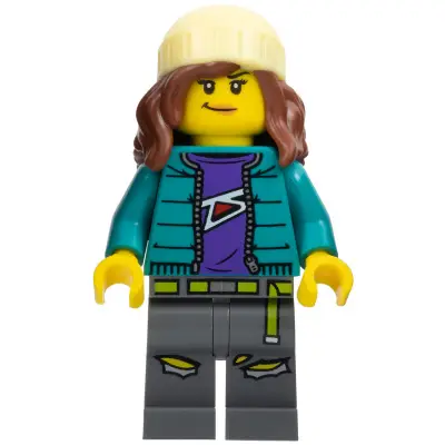 Fearless Fi - Stuntz Announcer, Dark Turquoise Jacket over Dark Purple Shirt, Dark Bluish Gray Legs, Reddish Brown Hair with Bright Light Yellow Beanie