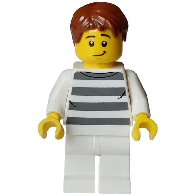  Police - City Bandit Crook Male, White Shirt with Dark Bluish Gray Prison Stripes, White Legs, Reddish Brown Hair