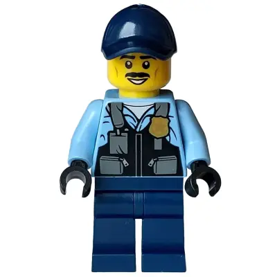 Police - City Officer Male, Safety Vest with Police Badge, Dark Blue Legs, Dark Blue Cap, Black Moustache