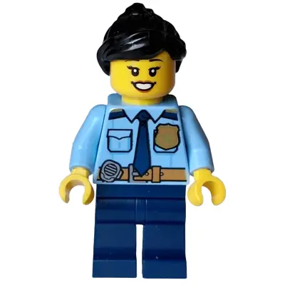  Police - City Officer Female, Shirt with Dark Blue Tie and Gold Badge, Dark Tan Belt with Radio, Dark Blue Legs, Black Ponytail