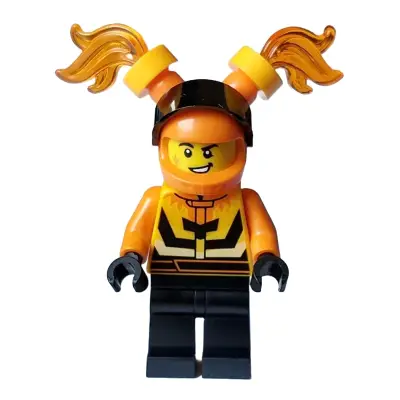  Stuntz Driver - Male, Bright Light Orange and Black Jacket, Black Legs, Orange Helmet with Flames and Black Visor