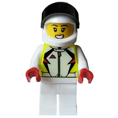  Stuntz Driver - Female, Neon Yellow Jacket, White Legs, White Helmet with Black Visor