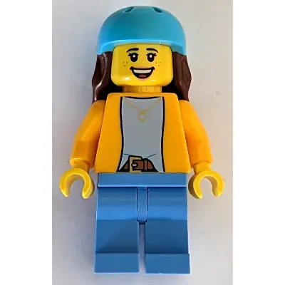  Scooter Rider - Female, Bright Light Orange Jacket, Medium Blue Legs, Medium Azure Helmet, Reddish Brown Long Hair