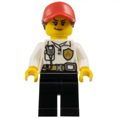  Fire - Female, White Shirt with Fire Logo Badge and Belt, Black Legs, Red Cap with Ponytail, Smirk, Medium Nougat Lips