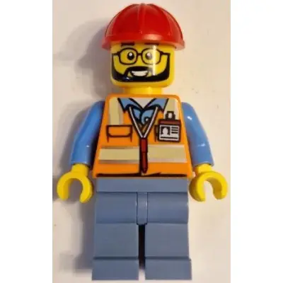  Construction Worker - Male, Orange Safety Vest with Reflective Stripes, Sand Blue Legs, Red Construction Helmet