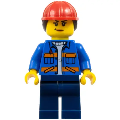  Construction Worker - Female, Blue Jacket with Diagonal Lower Pockets and Orange Stripes, Dark Blue Legs, Red Construction Helmet with Dark Brown Ponytail Hair