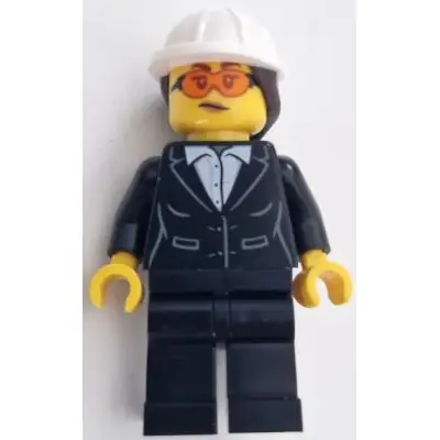  Construction Engineer / Architect - Female, Black Suit Jacket with White Button Up Shirt, Black Legs, White Construction Helmet with Dark Brown Ponytail Hair, Safety Glasses
