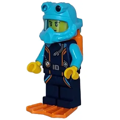 Arctic Explorer Diver - Male, Dark Blue Diving Suit, Orange Air Tanks and Flippers, Medium Azure Helmet