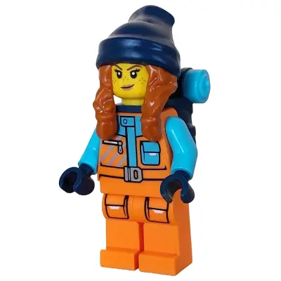  Arctic Explorer - Female, Orange Jacket, Dark Orange Braids with Dark Blue Beanie, Freckles, Backpack