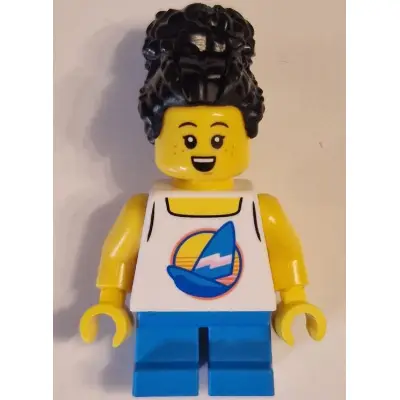  Child - Girl, White Tank Top with Sailboat, Dark Azure Short Legs, Black Coiled Hair with Bun, Freckles