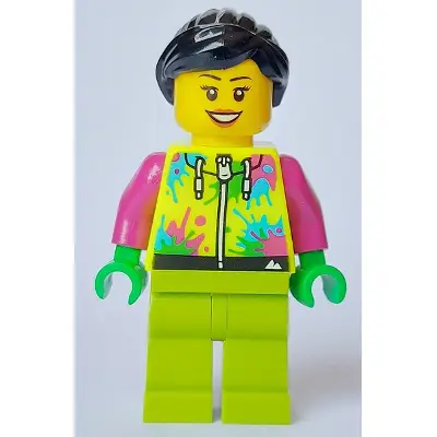  Mountain Bike Cyclist - Female, Neon Yellow Jacket with Paint Splotches, Lime Legs, Black Hair