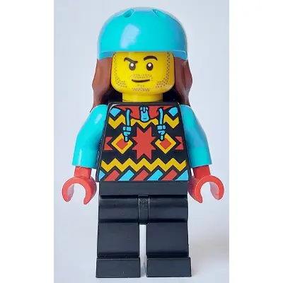  Snowboarder - Male, Geometric Jacket, Black Legs, Medium Azure Sports Helmet, Reddish Brown Long Hair