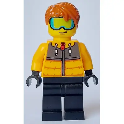  Male - Bright Light Orange Jacket, Black Legs, Dark Orange Hair, Ski Goggles