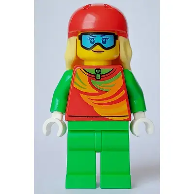  Skier - Female, Red Top, Bright Green Legs, Red Sports Helmet, Bright Light Yellow Long Hair, Ski Goggles