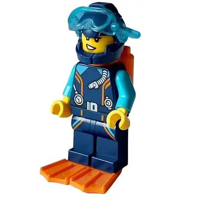  Arctic Explorer Diver - Female, Dark Blue Diving Suit and Helmet, Orange Air Tanks and Flippers, Trans-Light Blue Diver Mask, Lopsided Smile