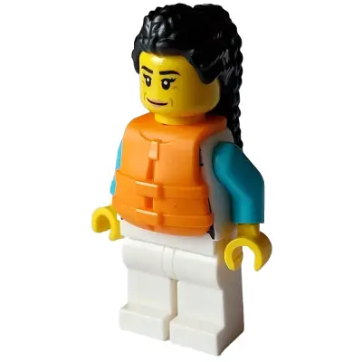  Arctic Explorer - Female, White Jacket over Medium Azure Shirt, White Legs, Black Hair, Orange Life Jacket