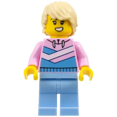  Tuk Tuk Driver - Female, Bright Pink Hoodie with Medium Blue and White Diagonal Stripes, Bright Light Blue Legs, Tan Tousled Hair