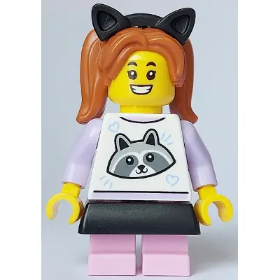  Child - Girl, White Top with Raccoon, Bright Pink Short Legs, Dark Orange Pigtails, Black Skirt and Cat Ears