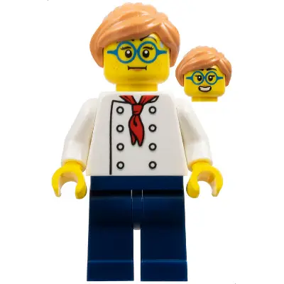  Pizza Chef - Female, White Torso with 8 Buttons, Dark Blue Legs, Nougat Hair, Glasses